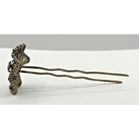 Vintage SOHO Signed Hair Stick Aurora Borealis Floral Jewelry Goldtone Metal HTF - Picture 3 of 16
